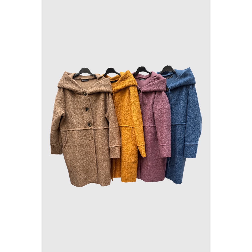Abrigo de textura bouclé con cuello amplio en camel, mostaza, lila y azul - POLITA 148299116.