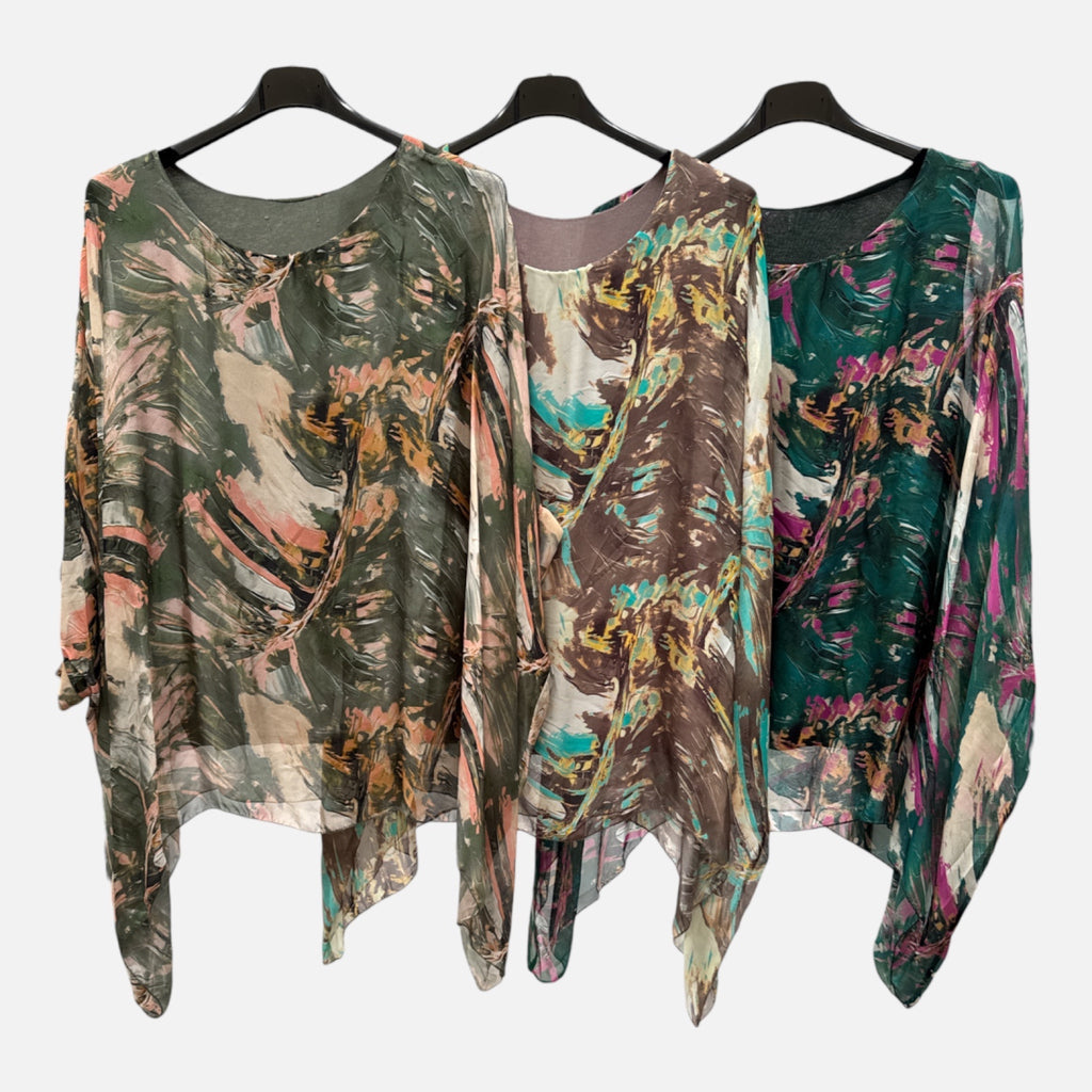 Blusa de seda con estampado abstracto presentada en tonos kaki, marrón y verde, con motivos multicolor - POLITA 14382780B
