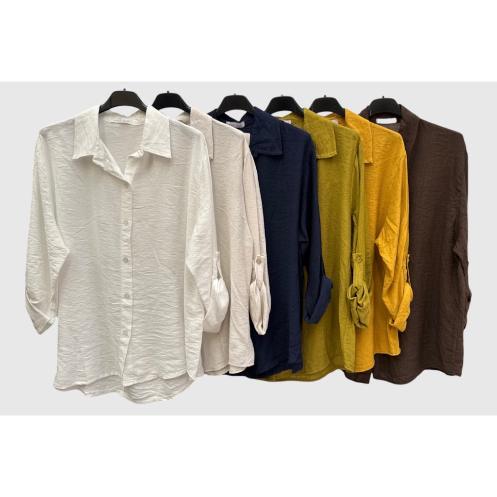 Camisa lisa con mangas remangables presentada en blanco, beige, azul marino, verde pistacho, mostaza y choco - POLITA 140631013