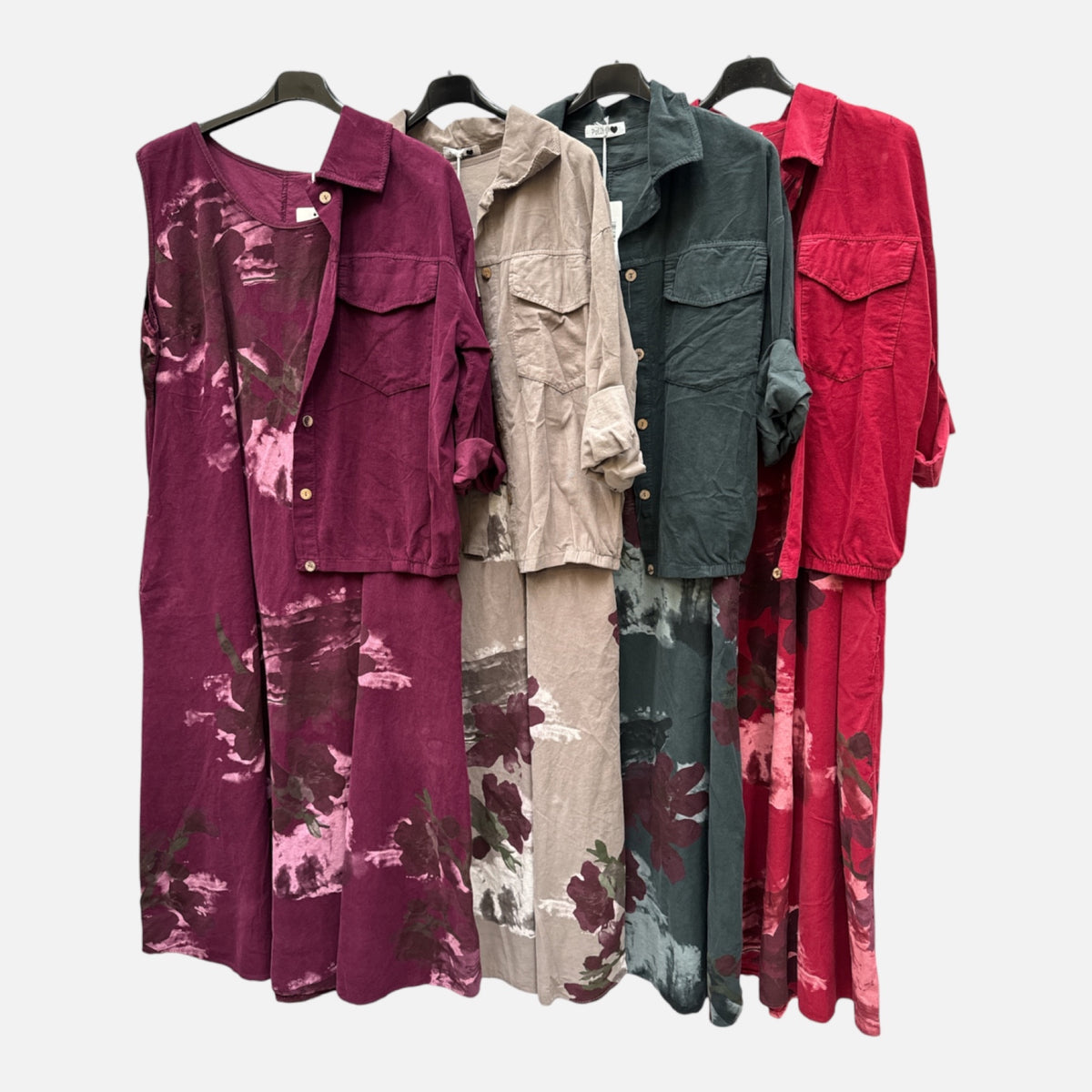 Conjunto de pana de vestido estampado y chaqueta presentado en burdeos, beige, gris y granate - POLITA 14846465A