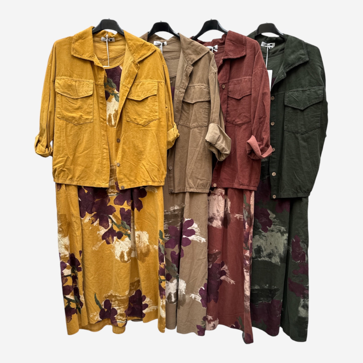 Conjunto de pana de vestido estampado y chaqueta presentado en mostaza, camel, caldera y kaki - POLITA 14846465A