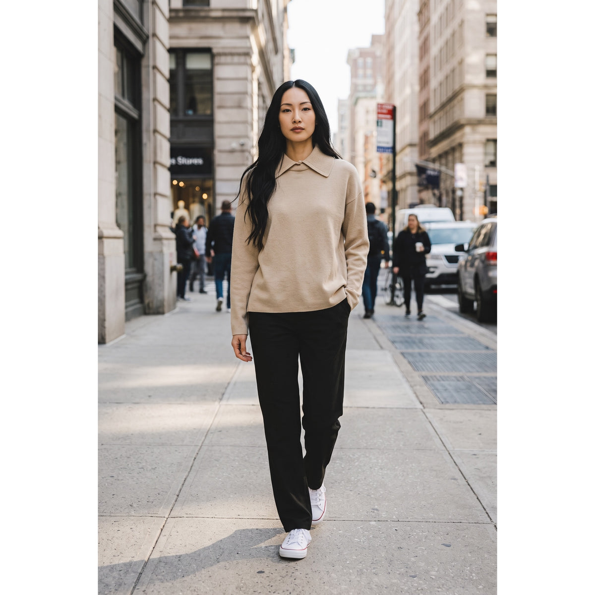 Jersey beige de punto con cuello camisero, vista completa - POLITA 14611361